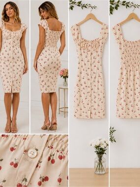 Floral Square-Neck Puff Sleeve Midi Dress - Cream with Red Floral